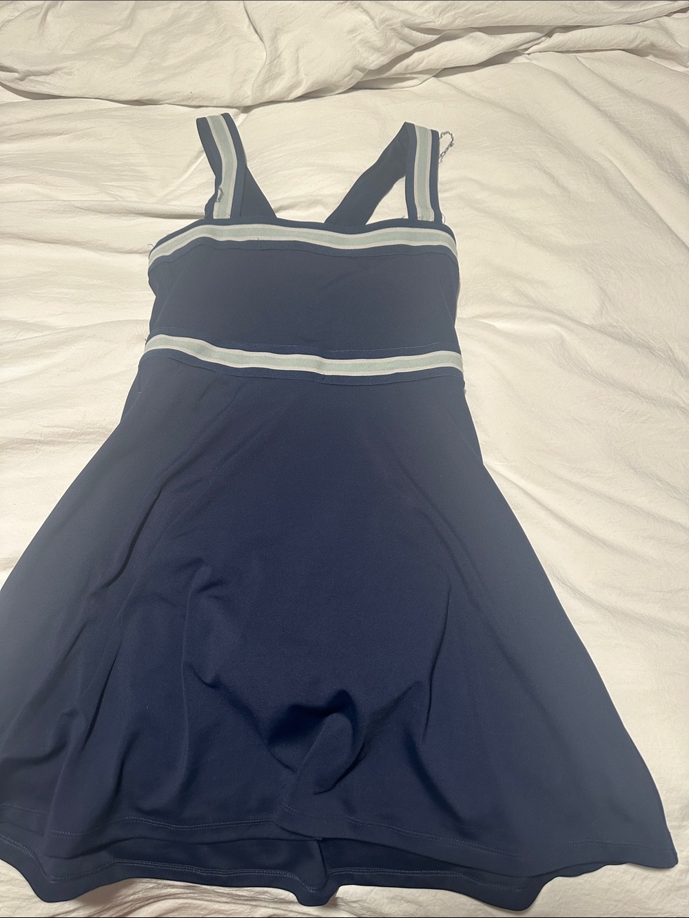 LOFT Navy One-Piece Swim Dress with Light Stripe Accents